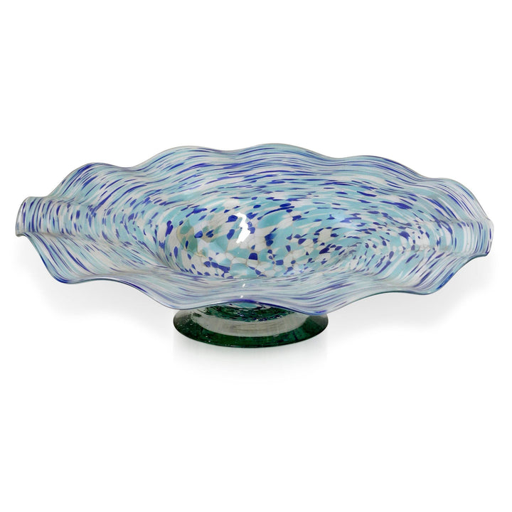 Hand Blown Swirling Seas Glass Platter Multicolored Finish Of Blues And White