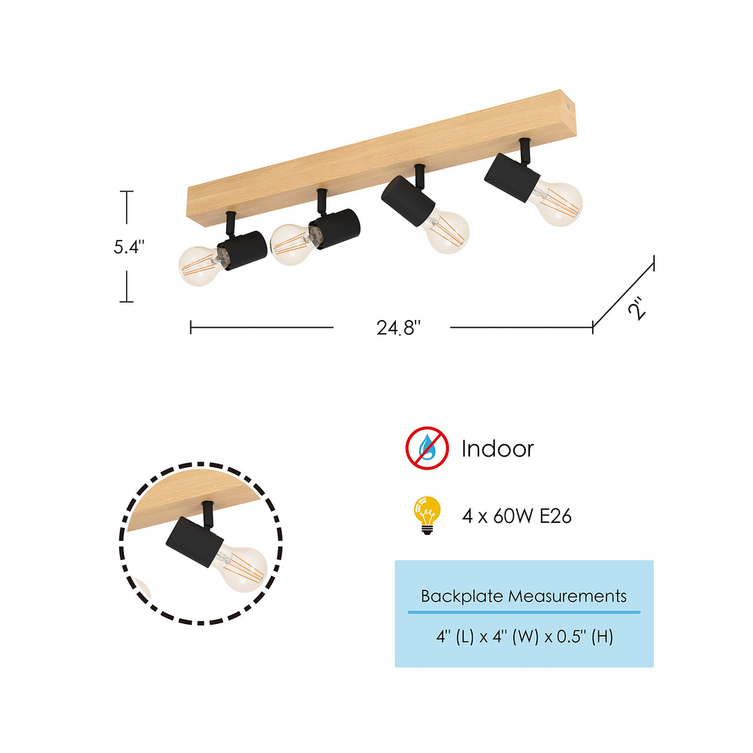 EGLO 98114A Kingswood Track Lighting Wood and Black Finish 5.40x2.00x24.80