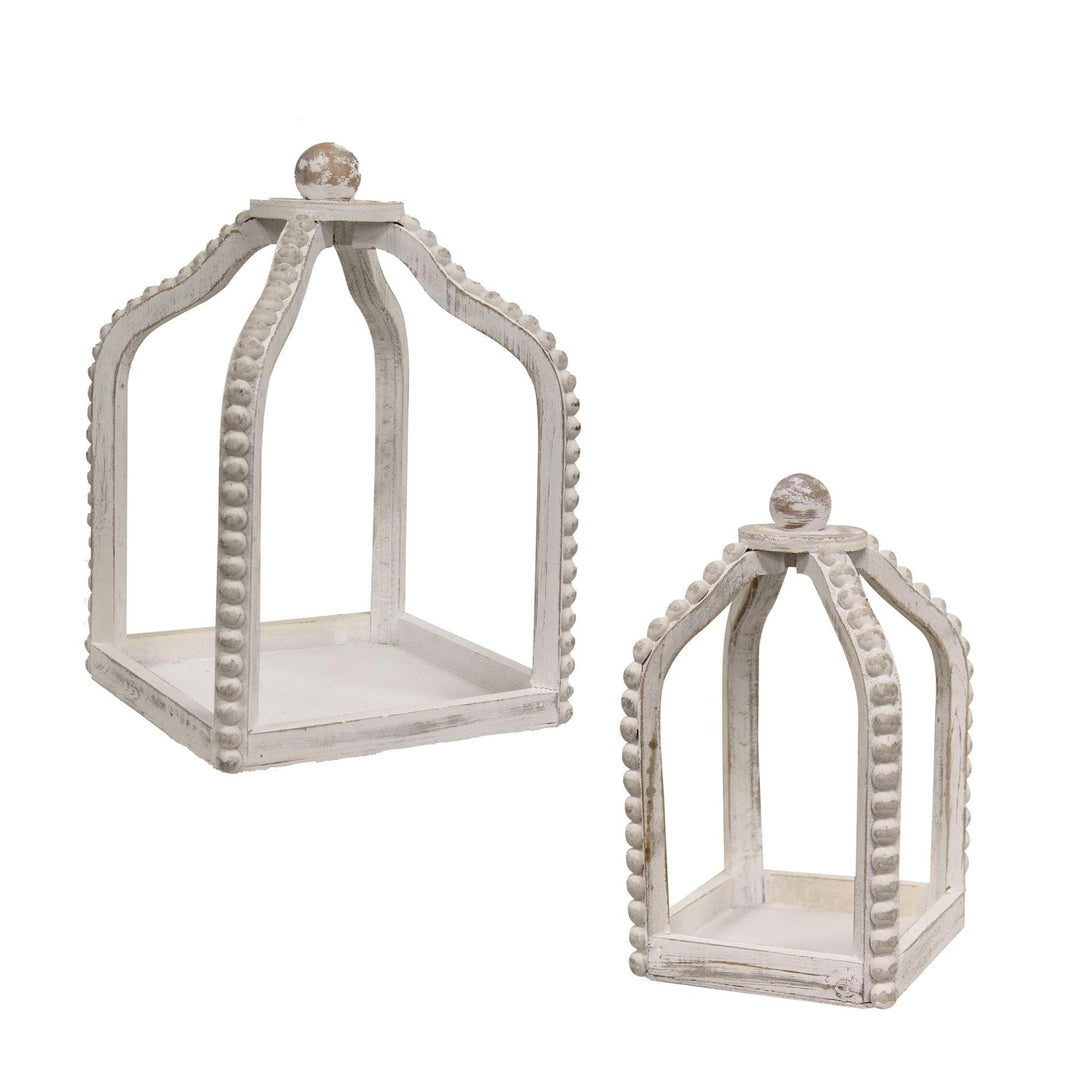 2/Set Shabby Chic Beaded Lanterns White Farmhouse Wood Antique