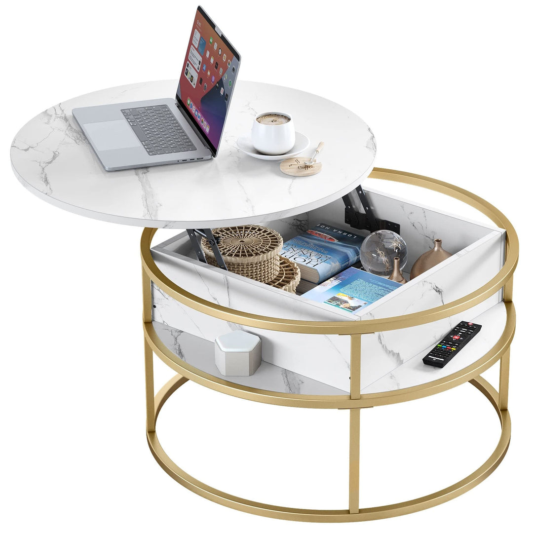 Round Lift Top Coffee Table White Marble and Frame Modern Contemporary