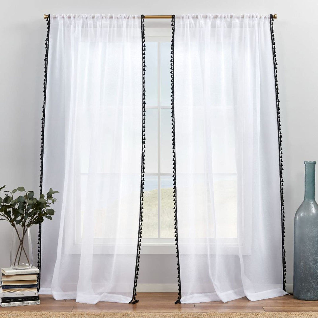 Exclusive Home Tassels Embellished Sheer Rod Pocket Curtain Panel Pair 54"x84" 54x84 - Black