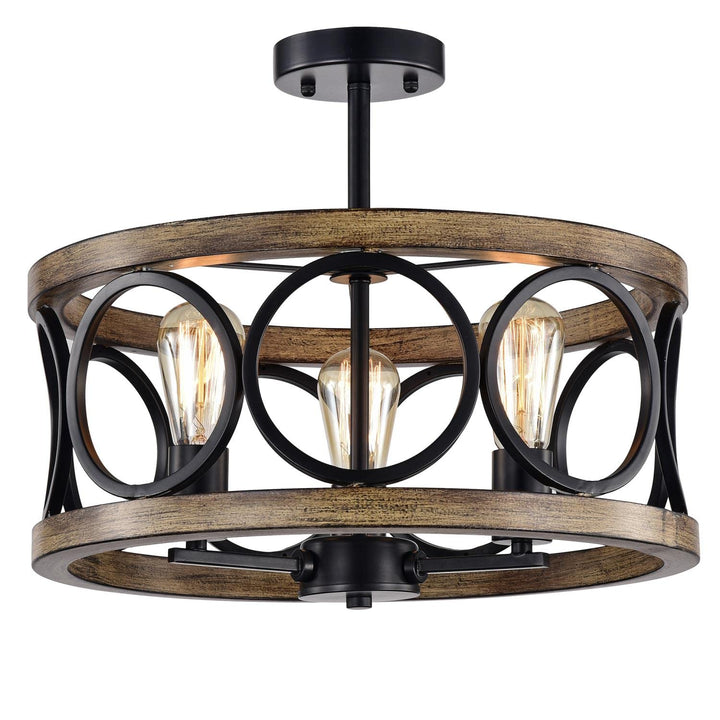 Warehouse of Tiffany Shacer Matte Black Grain 3-Light Chandelier CM135/3 Black/Faux-WoodGrain/Semi-Flush Mount