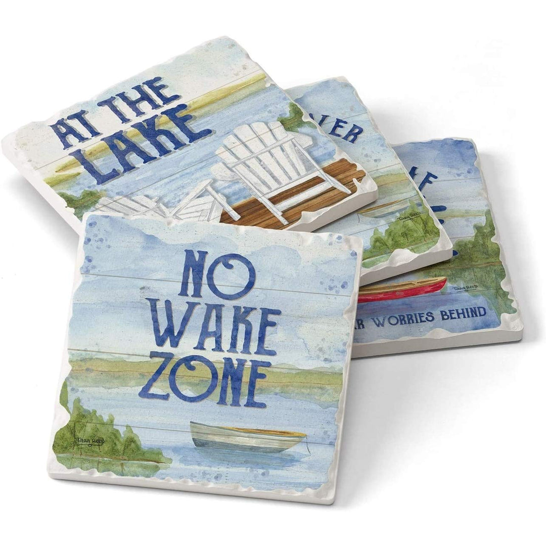 Assorted Image Tumbled Tile Coaster Set Lake House Greetings 4 Pack Made in - Diamond Home USA