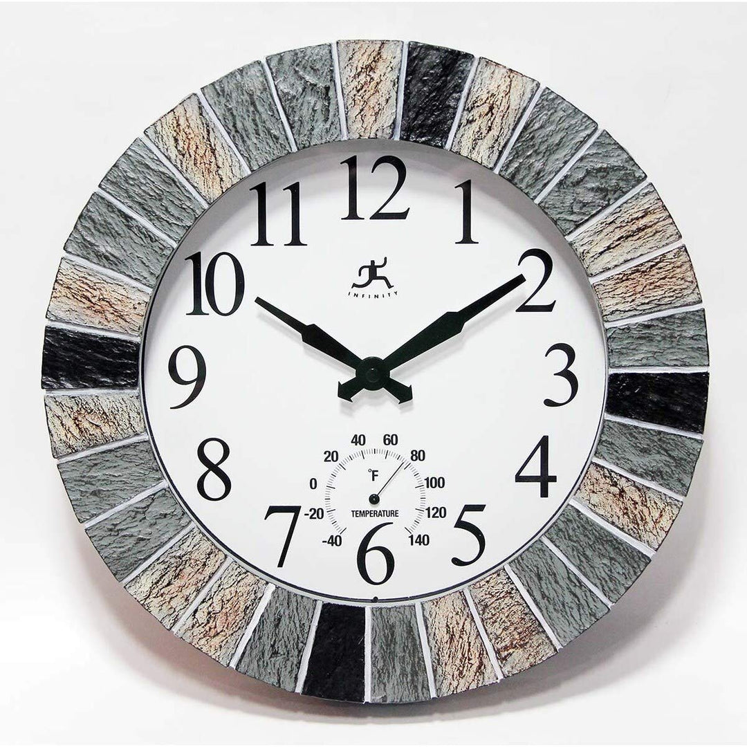 13" in/Outdoor Faux Slate Clock Multi Color Round Plastic