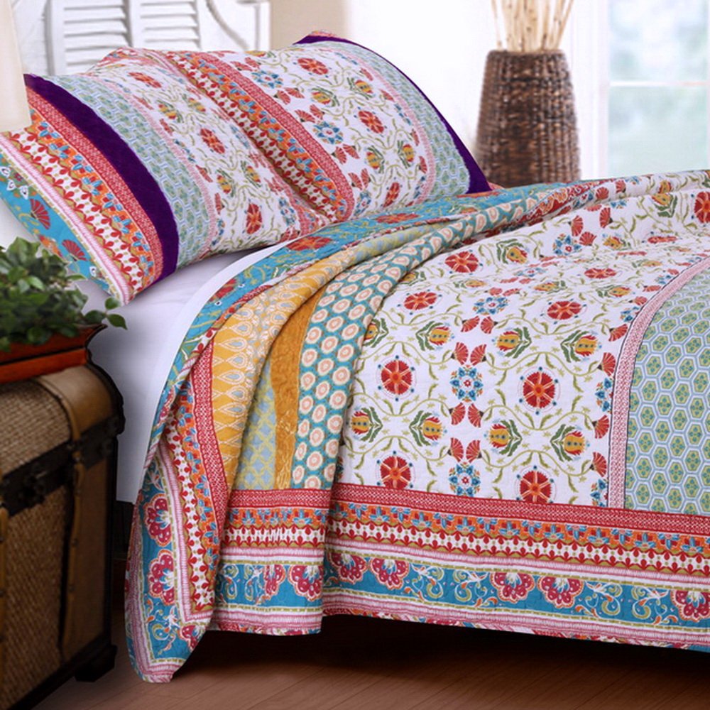 Quilt Set 100 Cotton 3 Piece with Shams Full/Queen Reversible Retro Bohemian Tango 3PC - Oversized Queen