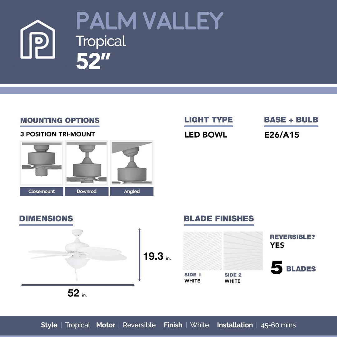 Prominence Home Palm Valley 52 Inch Tropical Indoor Outdoor Ceiling Fan with