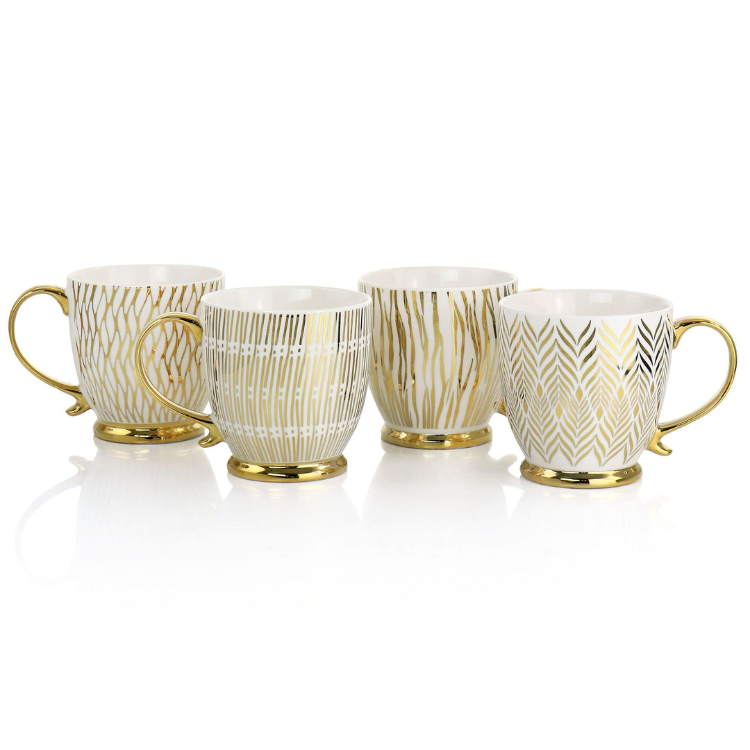 Gold 4 Piece 16.7oz Electroplated Fine Ceramic Mug Set Stripe Formal Round