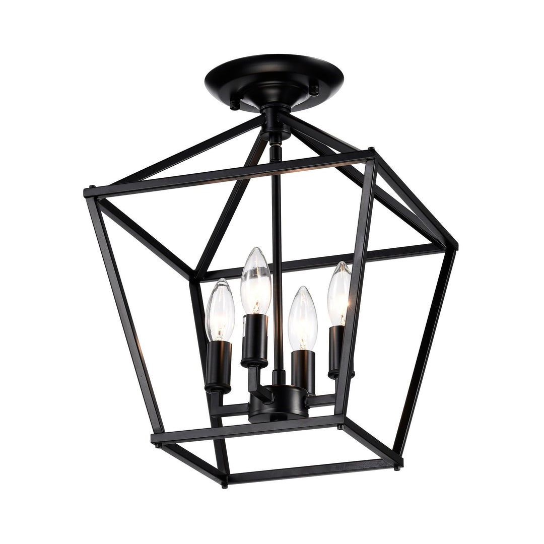 Matte Black 4-light 12 in. Cage Lantern Farmhouse Semi-flush Mount Metal