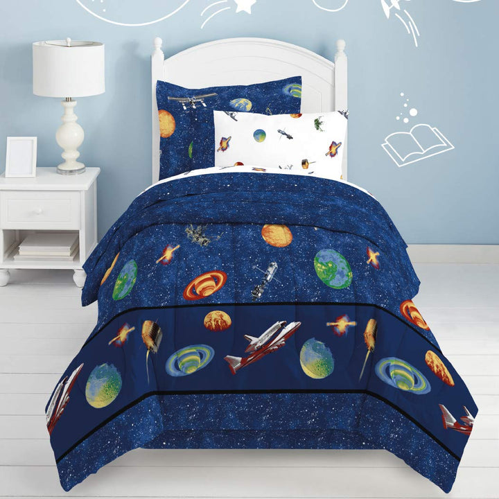 8 Piece Navy Blue Outer Space Themed Comforter Set Full With Sheets Blue - Diamond Home USA