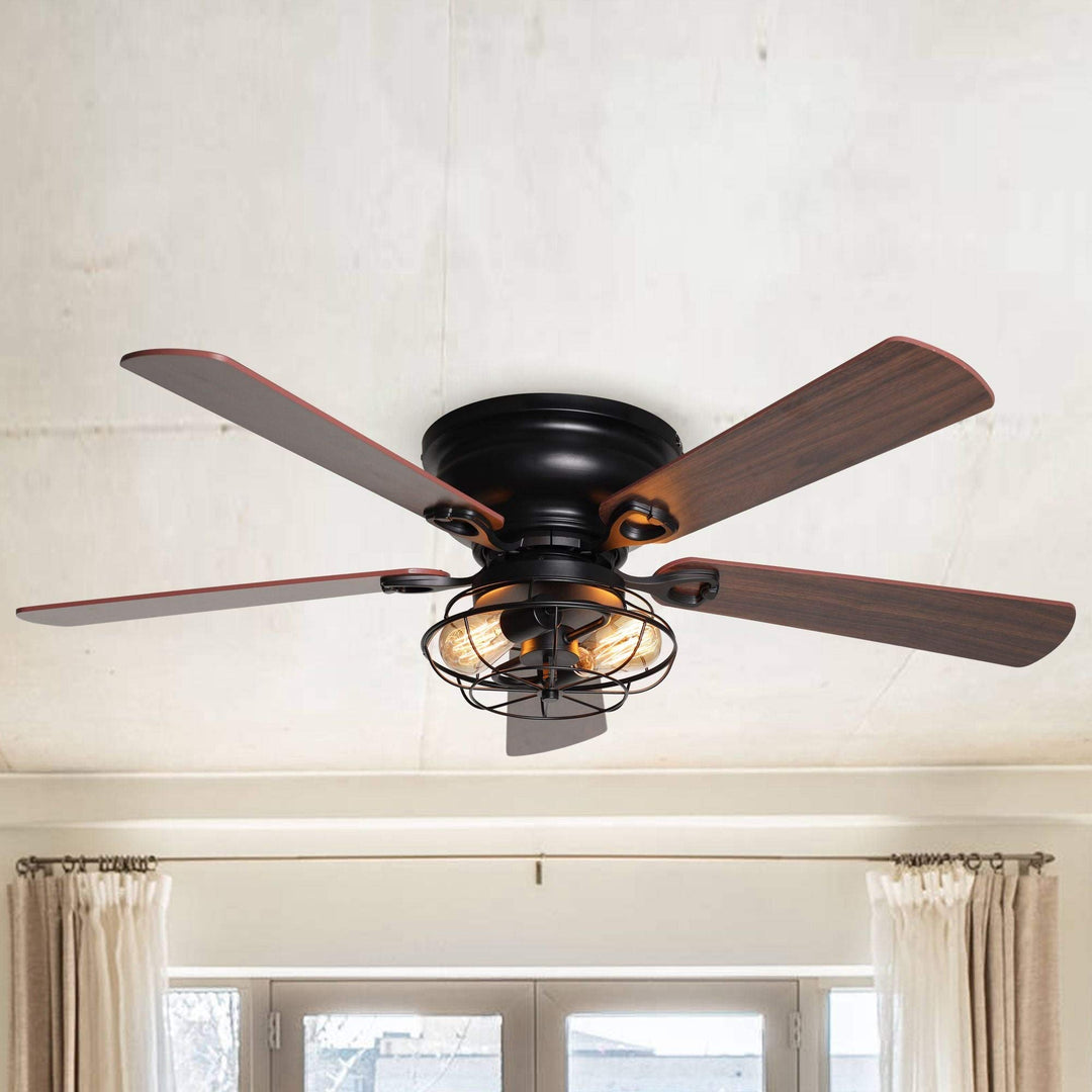 48" Low Profile Metal 5-blade Ceiling Fan with Remote Black Rustic Wood Blades