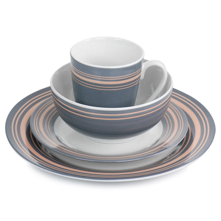 Silver Wind 16 Piece Fine Ceramic Dinnerware Set In Grey And Pink Border