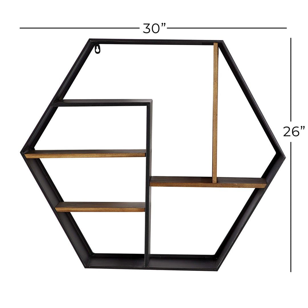 Black Metal and Wood Octagon Wall Shelf 29.5" X 25.75" 30 7 26 Industrial