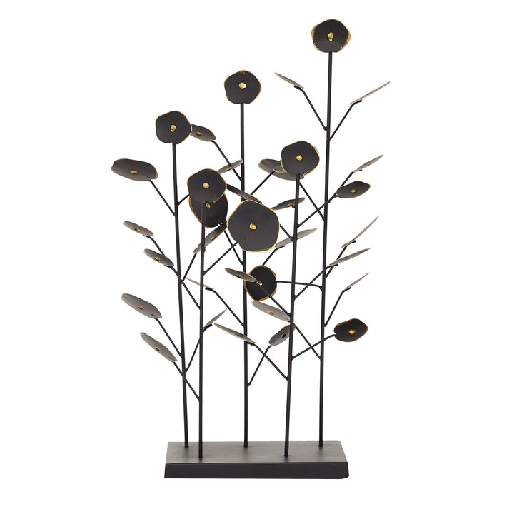 Large Black Metal Abstract Floral Sculpture W Gold Foil Detail Trim 14 X 6 21