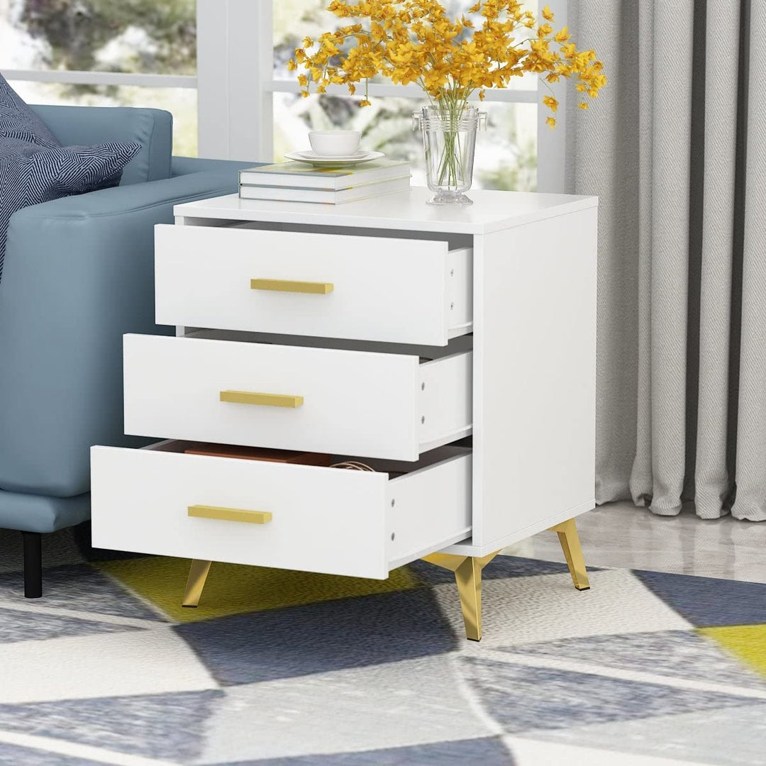 23.6'' Tall 3 Drawer Nightstand End Table Beside White and Gold Glam Urban MDF - Diamond Home USA