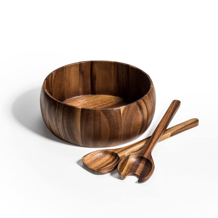 Large Salad Bowl With Servers -10" Bowl 10 X Brown Acacia 3 Piece