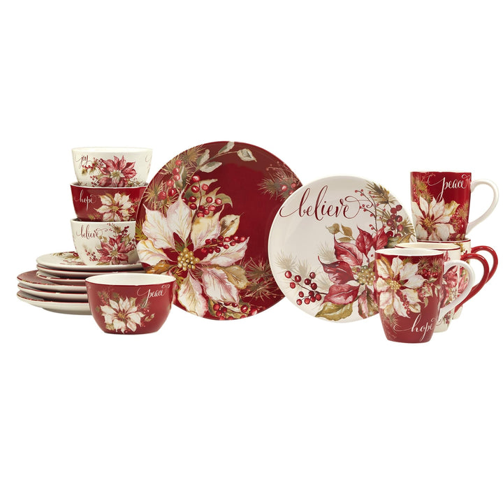 Winters Joy 16 Piece Dinnerware Set Service for 4 Multi Color Red White