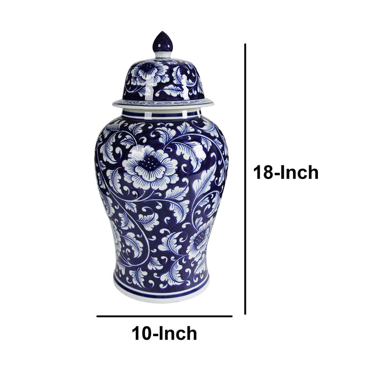 Benjara Floral Design Ginger Jar with Lid Blue and White