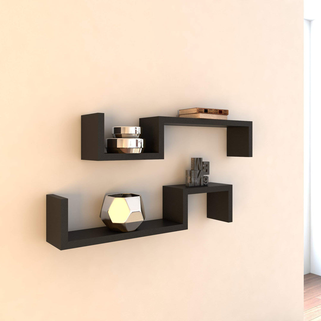 Black Angular S Shaped Floating Shelves Decorative Wall Mounted Asymmetrical