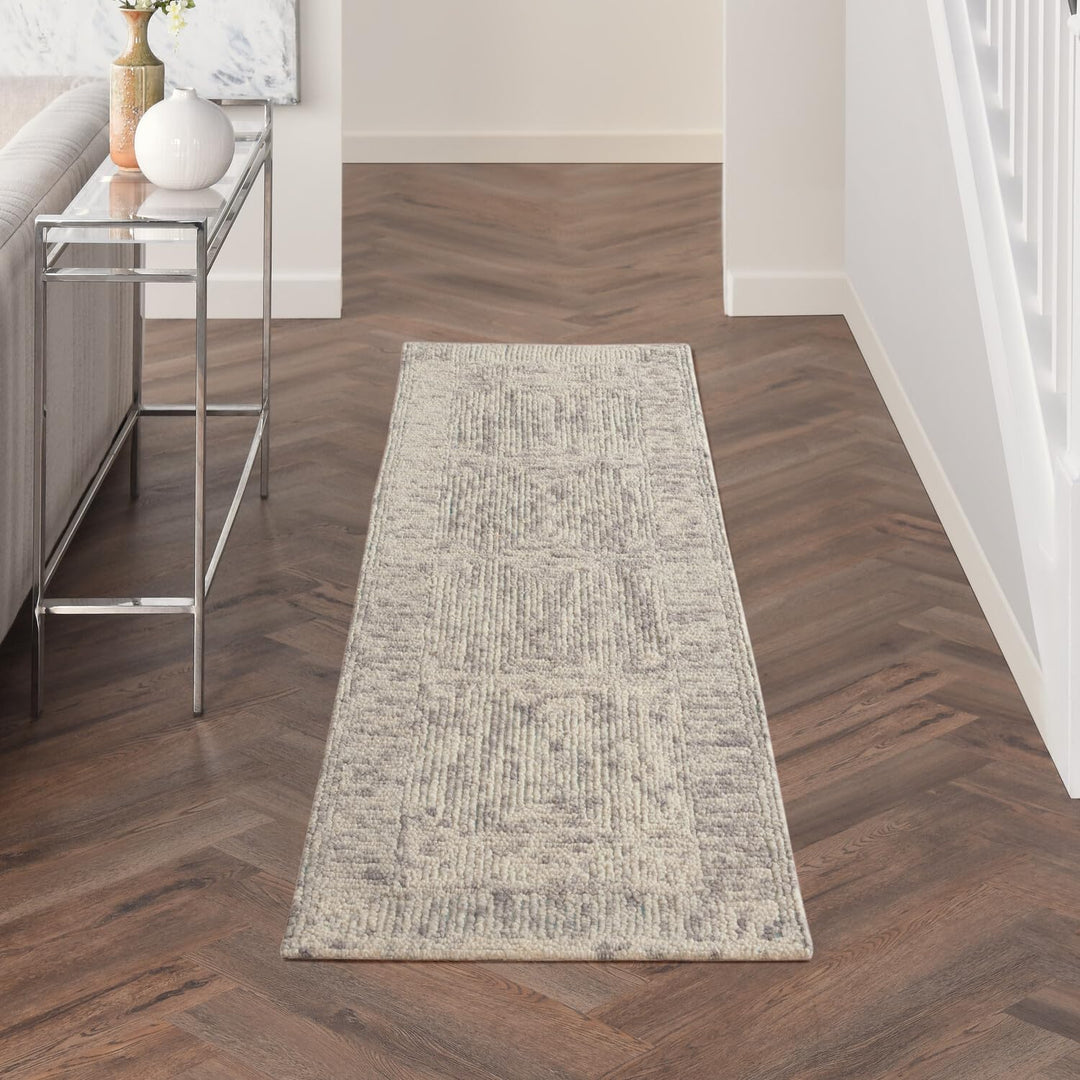 Nourison Vail Geometric Ivory/Grey/Teal 2'3" x 7'6" Area -Rug Easy -Cleaning Non