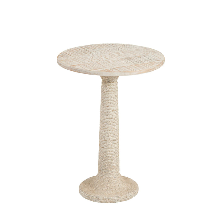 Solid Wood White Wash Round End Table with Jute Rope Wrapped Base Nautical