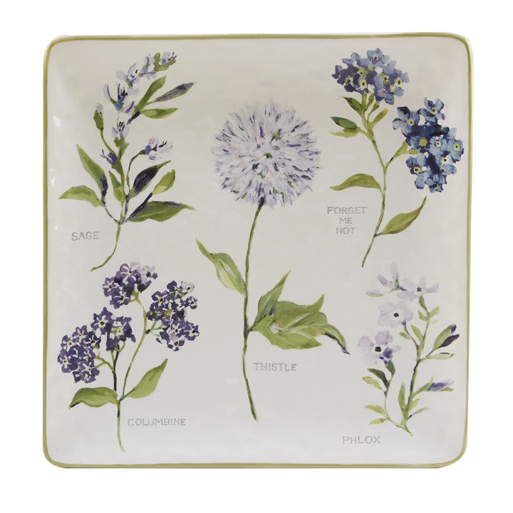 Fresh Herbs Square Platter 12.5" X 1.25" Multi Color Off/White Purple Floral