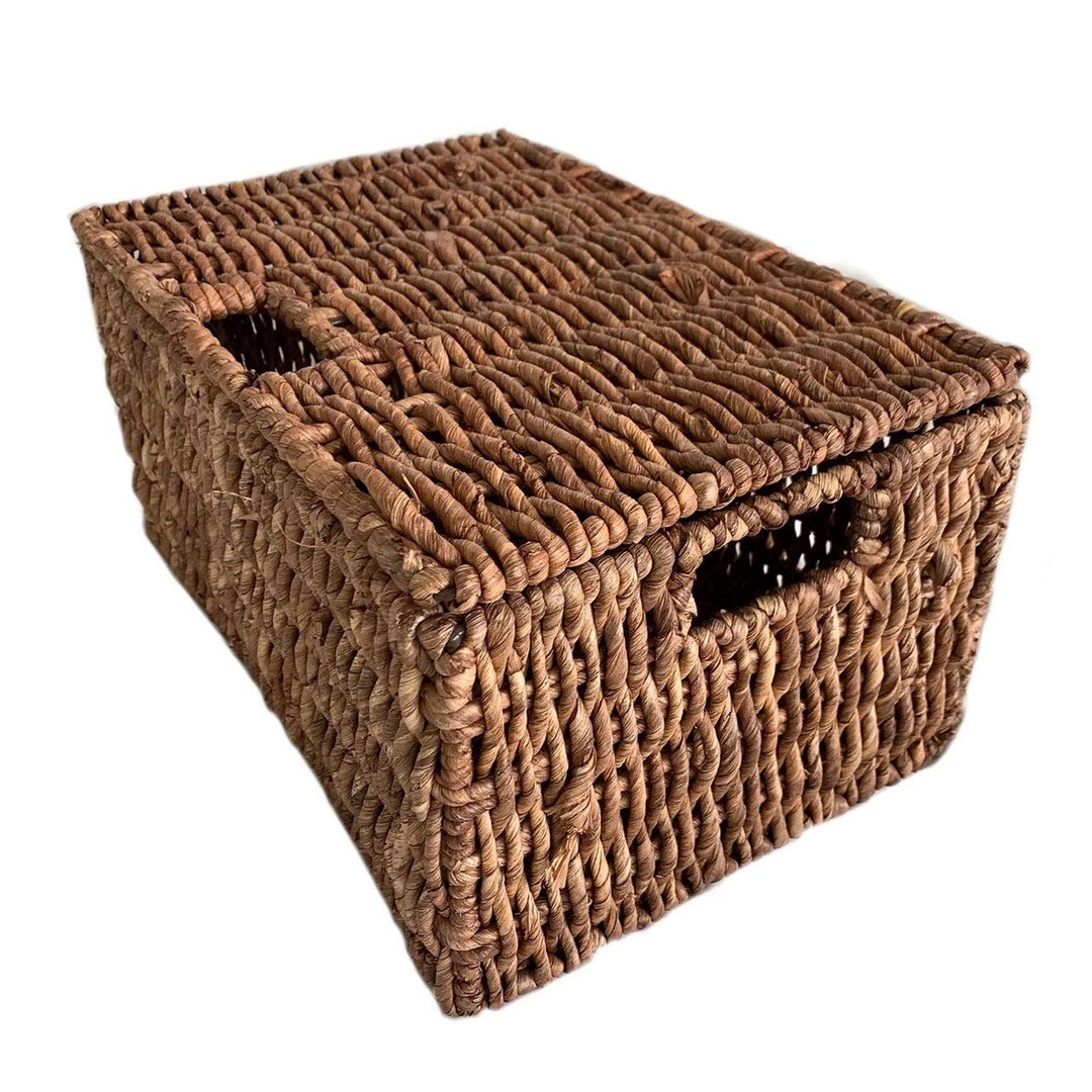 America Basket Woven Grass Rectangular Lidded Storage Baskets (Set of 2) Brown Dark Walnut - Diamond Home USA