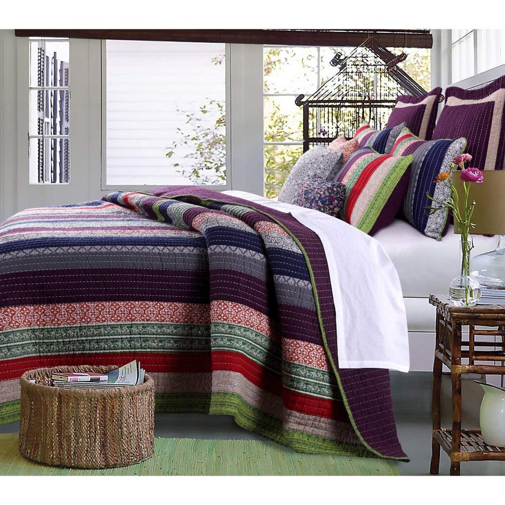 2 Piece French Country Woven Striped Theme Quilt Twin Set Beautiful Multi Carnival - Twin