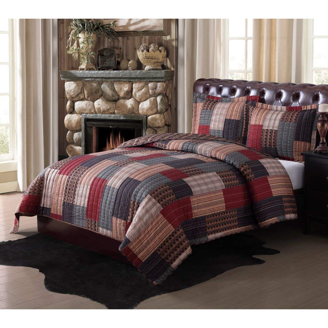 AD 2 Piece Red Blue Patchwork Twin XL Size Quilt Set Grey Green Brown Cabin Twin - Twin XL