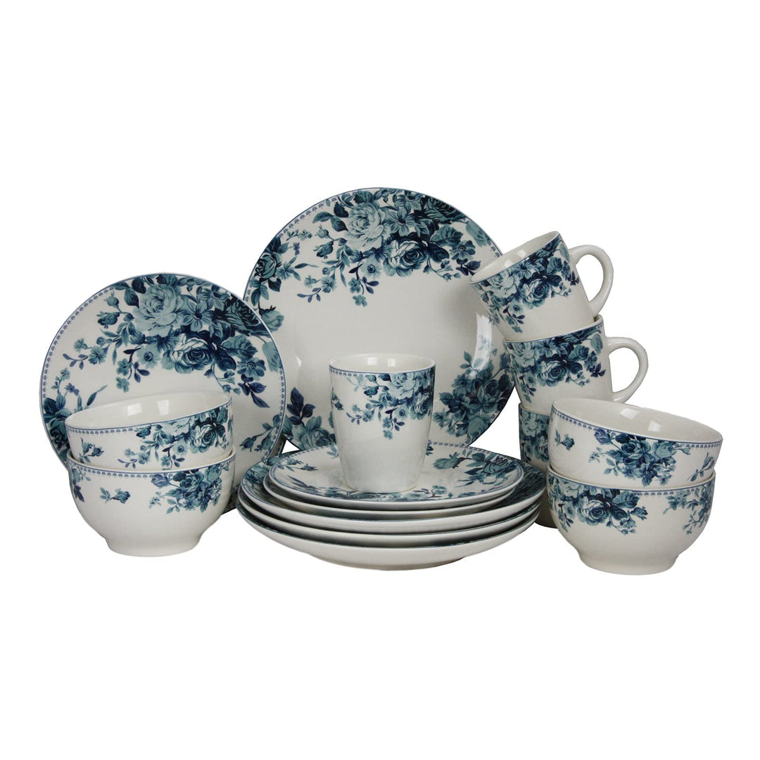 Traditional Blue Rose Stoneware Dinnerware Set (Case Of 16) Floral Casual 16