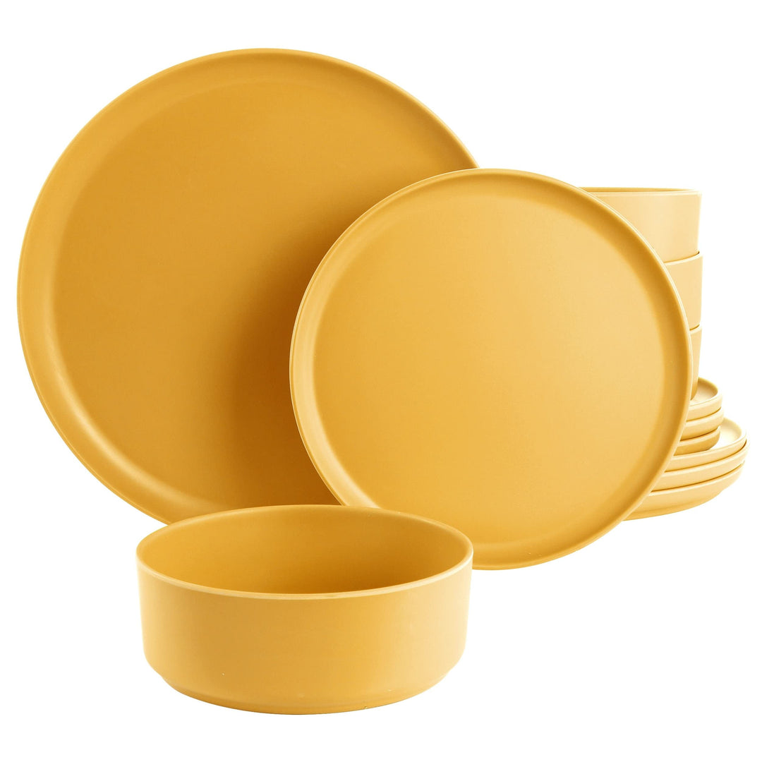 12 Piece Round Dinnerware Set In Yellow Pieces Solid Casual