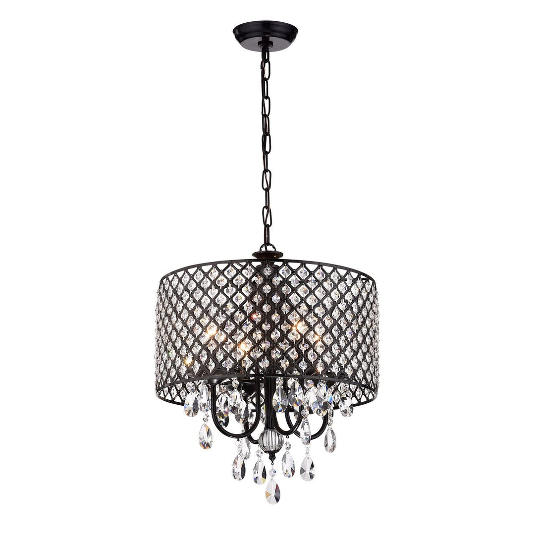 Black 4-Light Round Beaded Drum Chandelier with Crystals Hanging Glam Modern