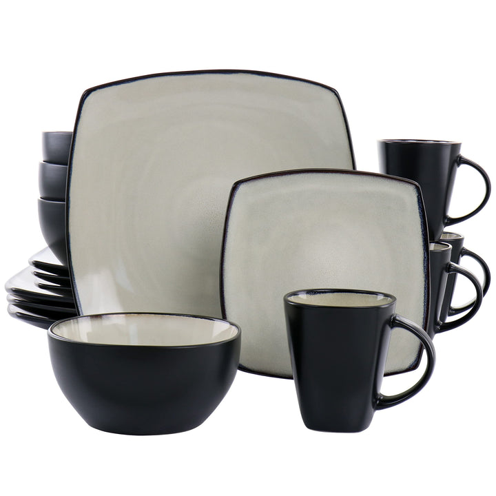 16pc Square Stoneware Dinnerware Set In Sand Beige Solid Casual 16 Piece