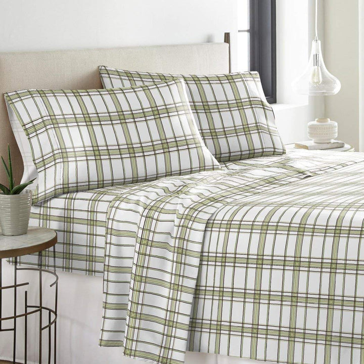 N 3 Piece Deep Pocket Sage Green White Twin XL Sheet Set Plaid Pattern Themed Sage Plaid - Plaid/Striped - 3 Piece - Twin