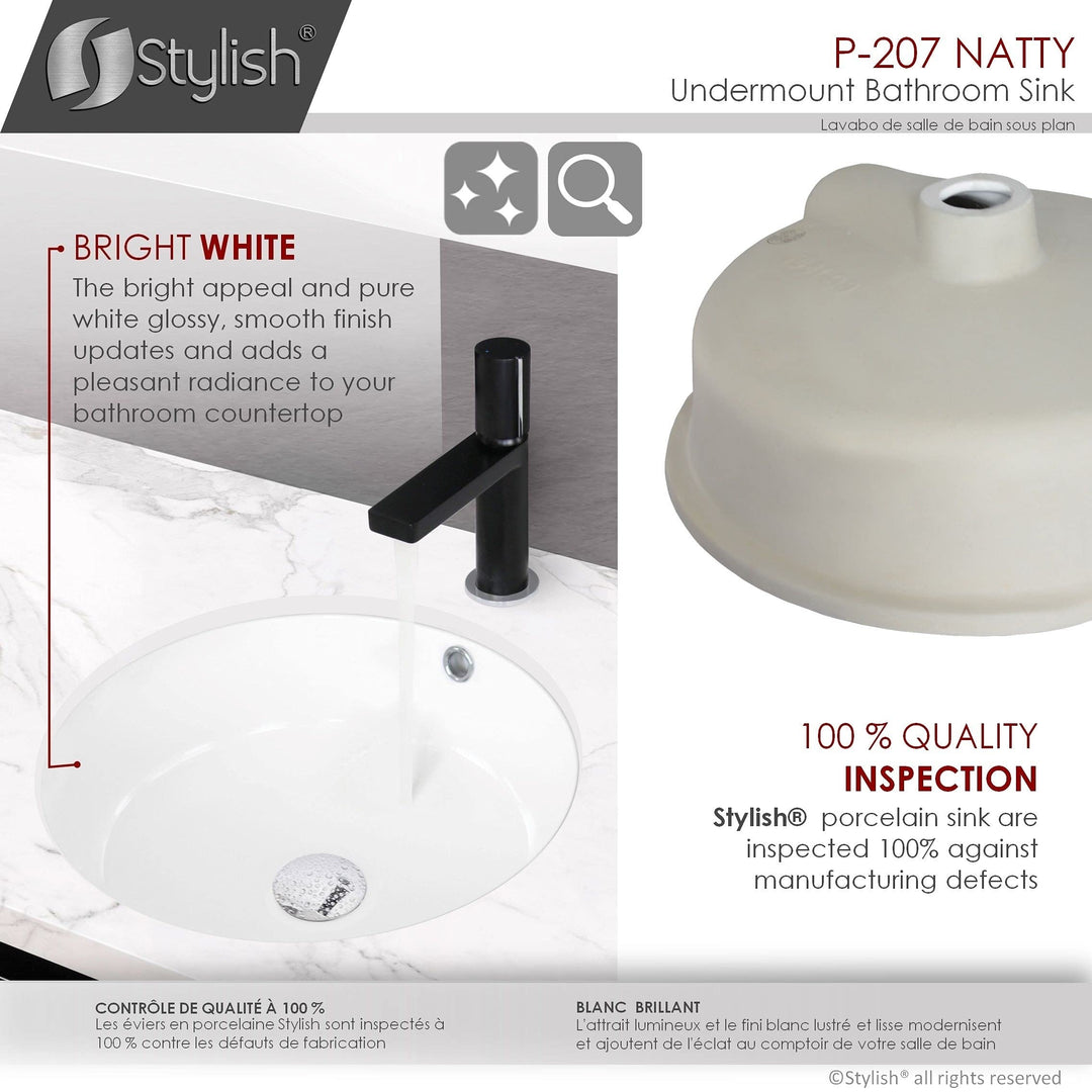 Stylish 16 Inch Round Undermount Ceramic Bathroom Sink with 2 Overflow