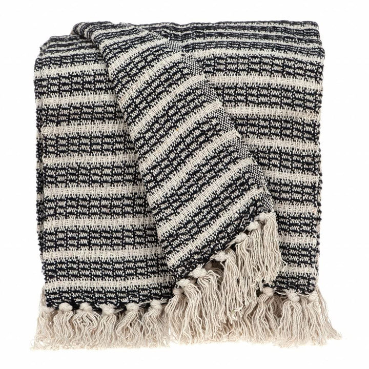 Black and Beige Striped Woven Handloom Throw Blanket Off/White Casual Cotton