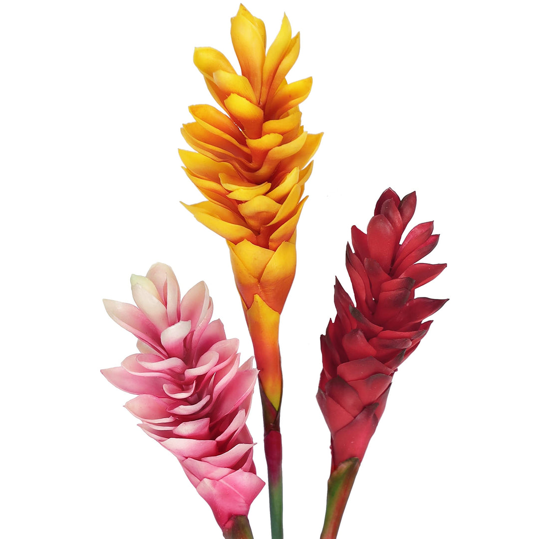 Set of 3 Real Touch Red Artificial Ginger Flower Stem Tropical Spray 31in 31"