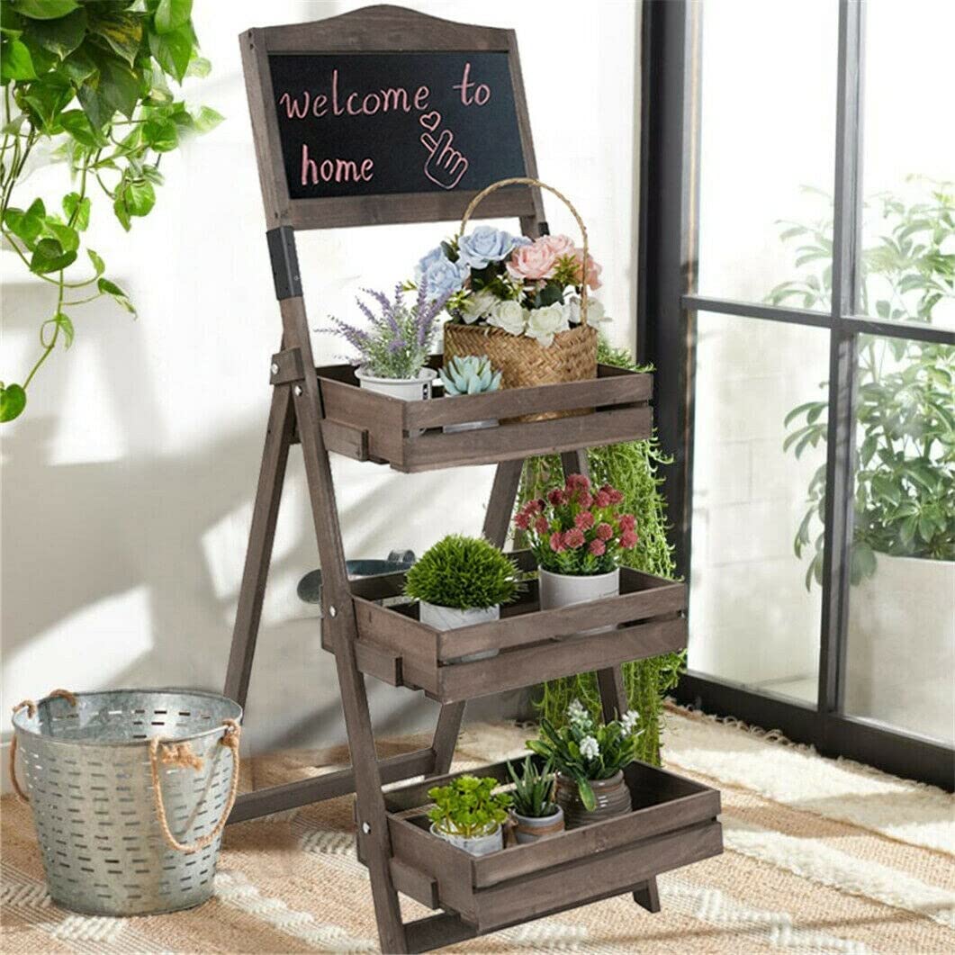 3-Tiered Free Standing Chalkboard Wood Plant Stand Brown Rustic Rectangular