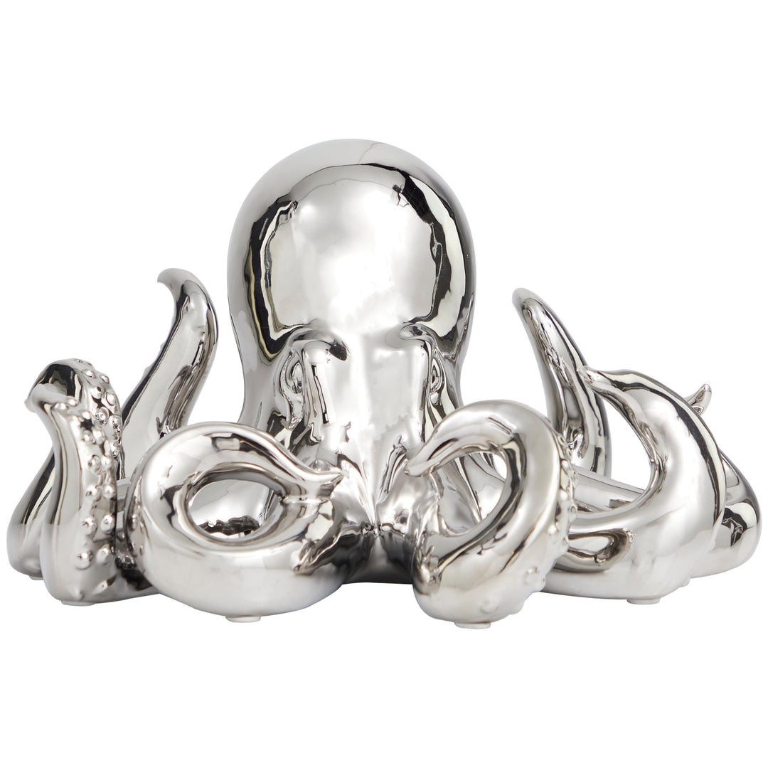 Silver Ceramic Octopus Sculpture with Textured Tentacles