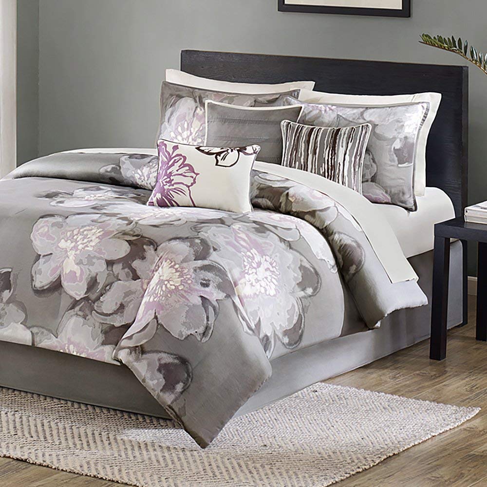 7 Piece Gray White Watercolor Floral Comforter Cal King Set Water Color California King