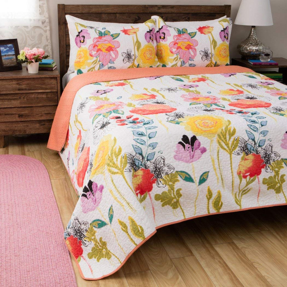 Full / Queen Size Bright & Colourful Floral Bedspread Quilt Set - 100% Cotton White 3-Piece - Full - Queen