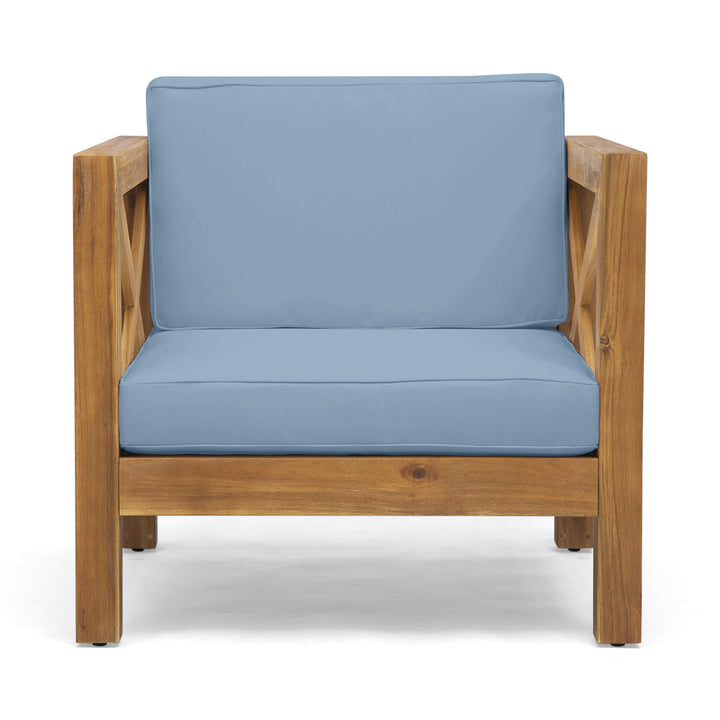 GDFStudio Outdoor Acacia Wood Club Chair with Cushion Teak Finish and Blue Teak Finish + Blue Cushion