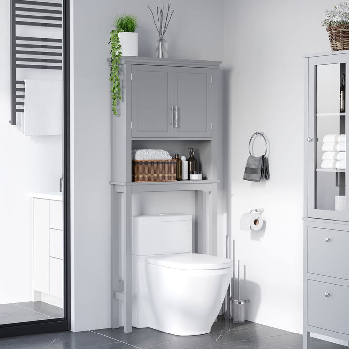 Modern Over The Toilet Storage Cabinet Double Door Bathroom Organizer Grey