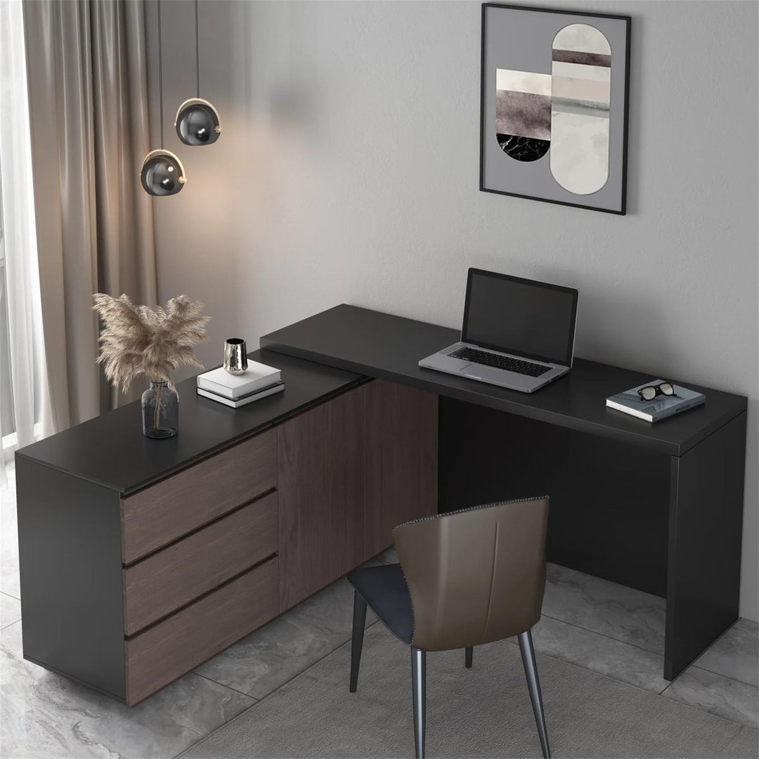 Home Office Expandable Desk with Drawer Dresser for Storage Black Brown Modern