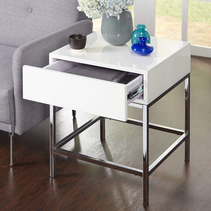 White Metal High-Gloss End Table Modern Contemporary quare MDF Glossy Drawers