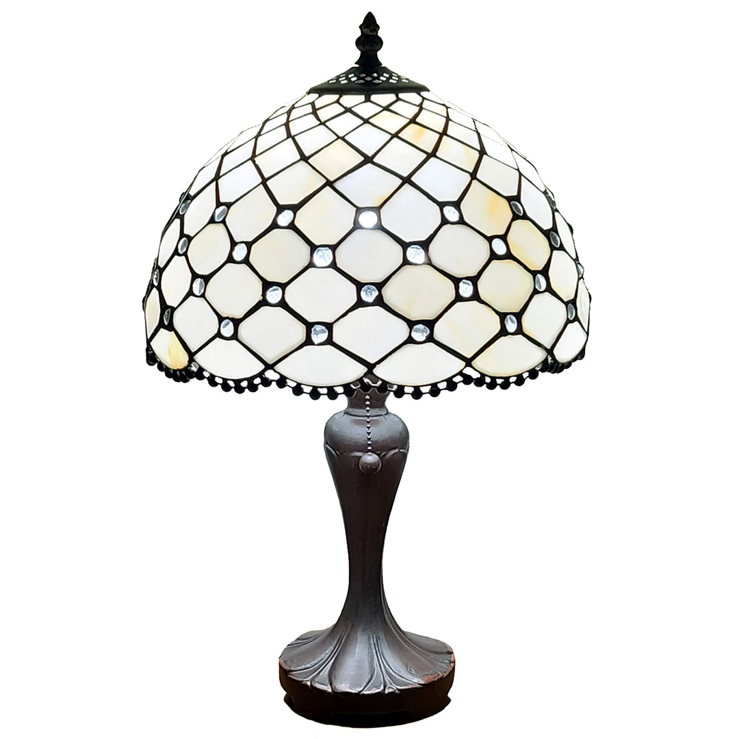 Tiffany Style Table Lamp Banker Jeweled Beaded 19" Tall Stained Glass White