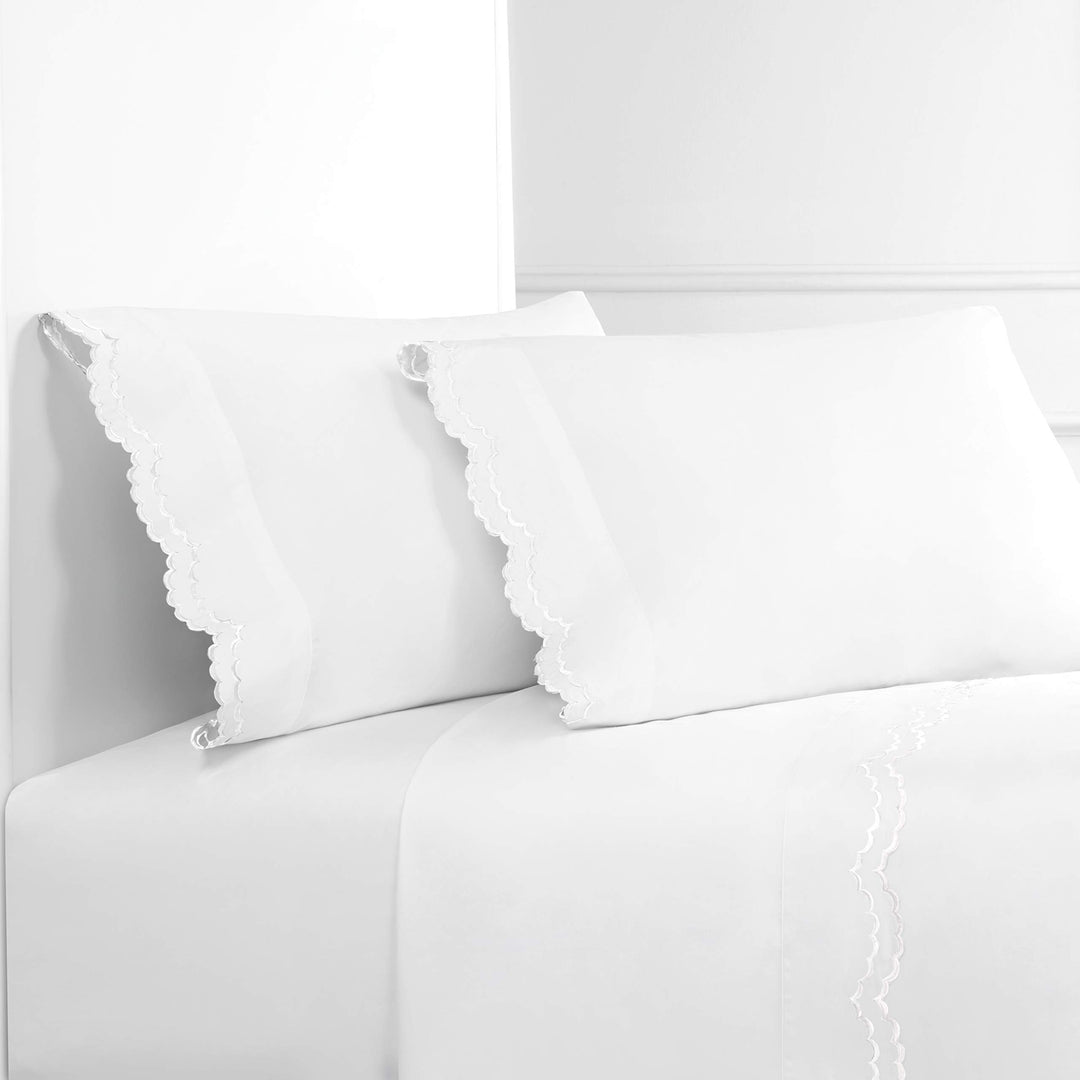 Melange Home Percale Cotton Double Scalloped Embroidered QN Queen Sheet Set Queen - White