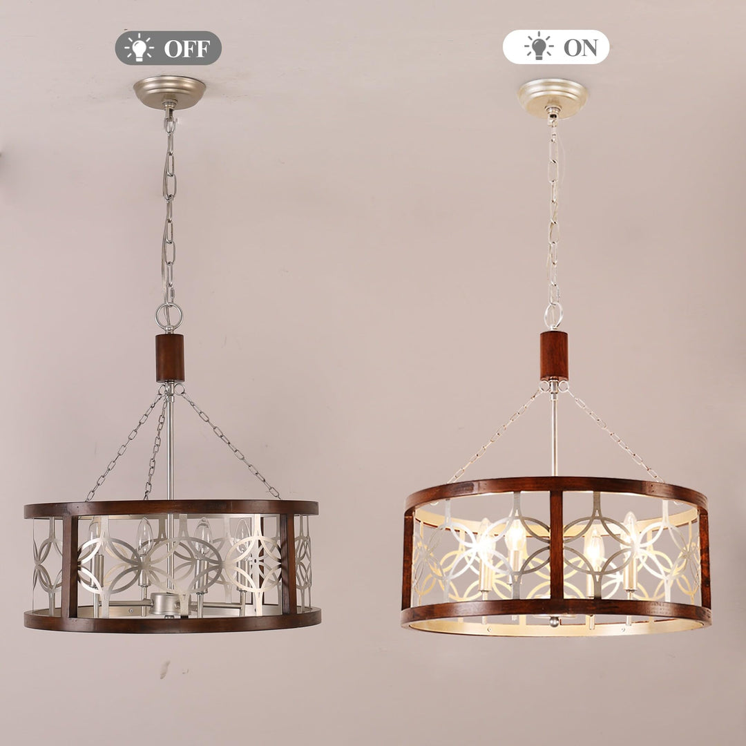 Cusp Barn 4-Light Rustic Wood Chandelier Shabby Hanging Lamp Farmhouse Drum Chrome