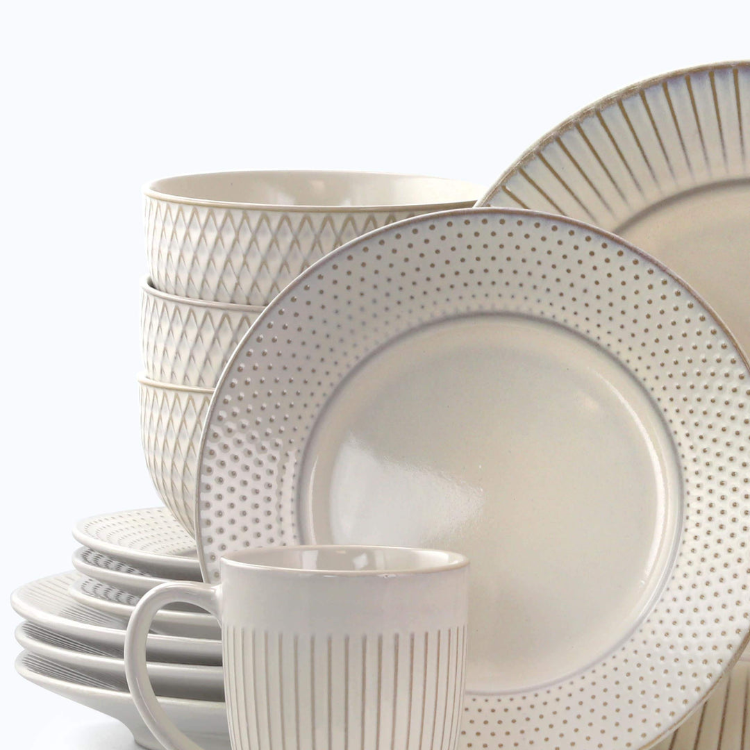 Marketplace Dinnerware Set in Embossed White Beige Solid Casual Round