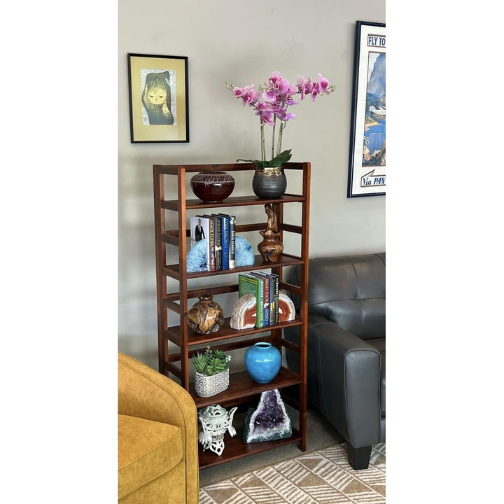 Solid Acacia 5 Tier Folding Bookcase Brown Mid-Century Modern Contemporary Mahogany