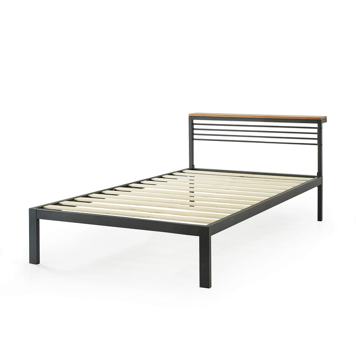 Mellow HYLLE Metal Platform Bed with Headboard Shelf Solid Pine Wood Easy Twin